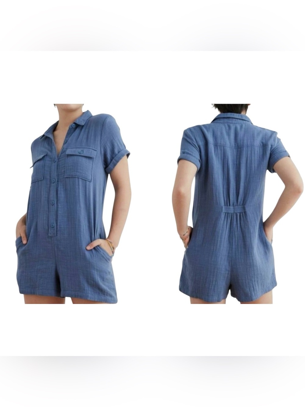Aerie Blue Short Sleeve Romper, Dusty Blue, Cotton Crinkle Texture, Pockets Sz L
